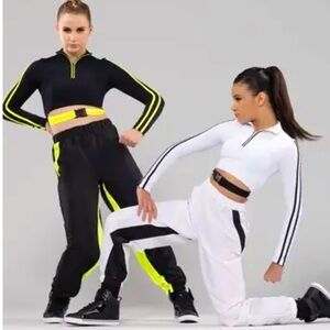 Weissman Hip Hop Crop Black Neon Belted Top Balloon Jogger Pants Set Dance AS